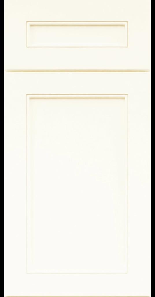 Alpine-style mitered shaker cabinet in Vanilla Matte with a flat center panel and inside bead detail.